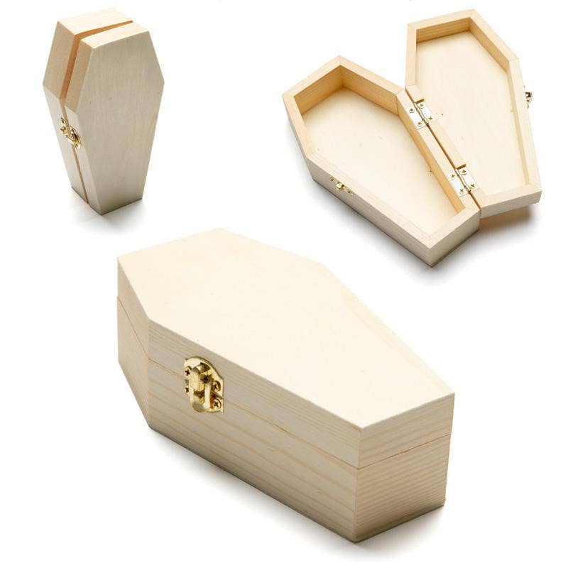 6" Unfinished Wood Coffin Box with Hinged Lid -Wooden Casket