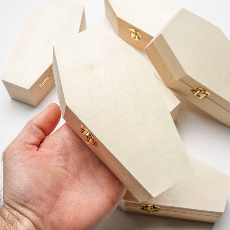 6" Unfinished Wood Coffin Box with Hinged Lid -Wooden Casket