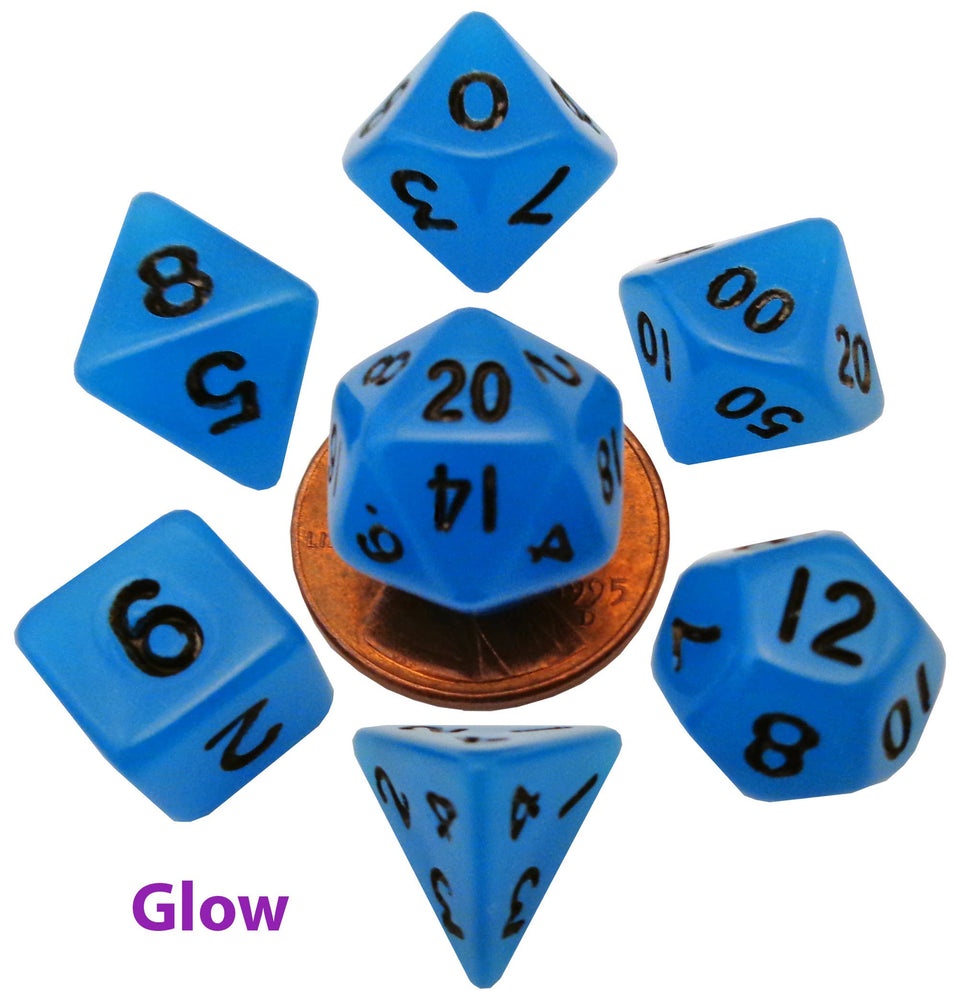 10mm Mini Dice Acrylic Polyhedral Set (24 Options): Purple and Teal with Blue Numbers
