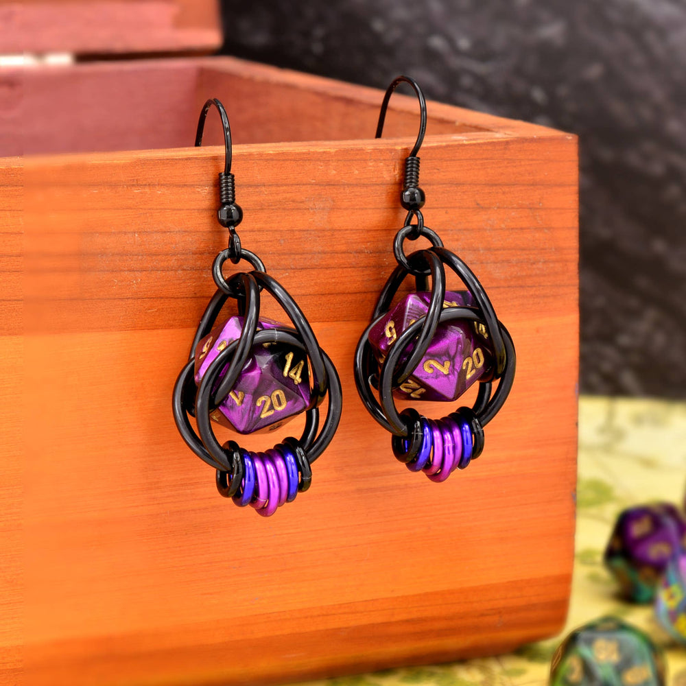 D20 Purple Goth Dice Earrings : Black stainless