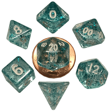 10mm Mini Dice Acrylic Polyhedral Set (24 Options): Marble with Blue Numbers