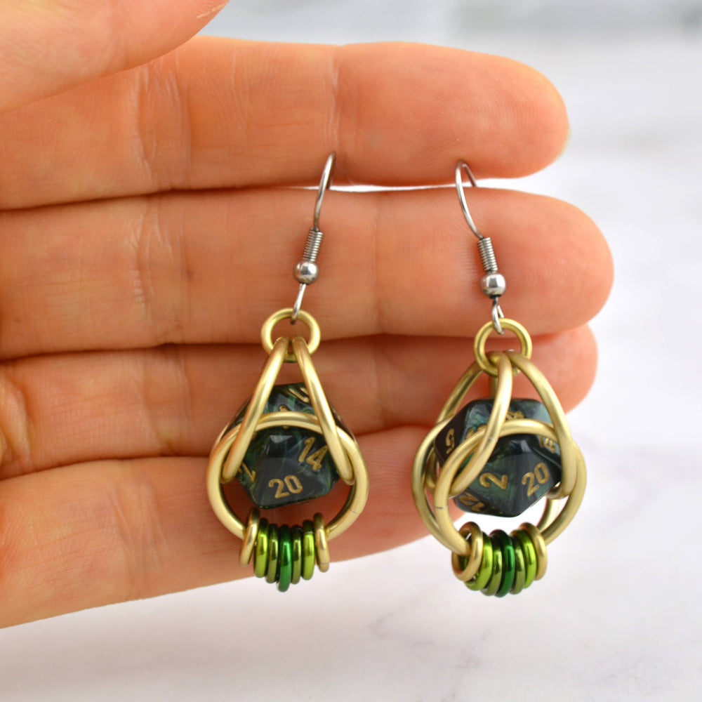 D20 Forest Green Earrings - Mini Dice Chainmaille Jewelry: Gold-plate