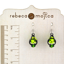 D20 Neon Green Earrings - 20-sided Dice in Black Chainmaille: Black stainless