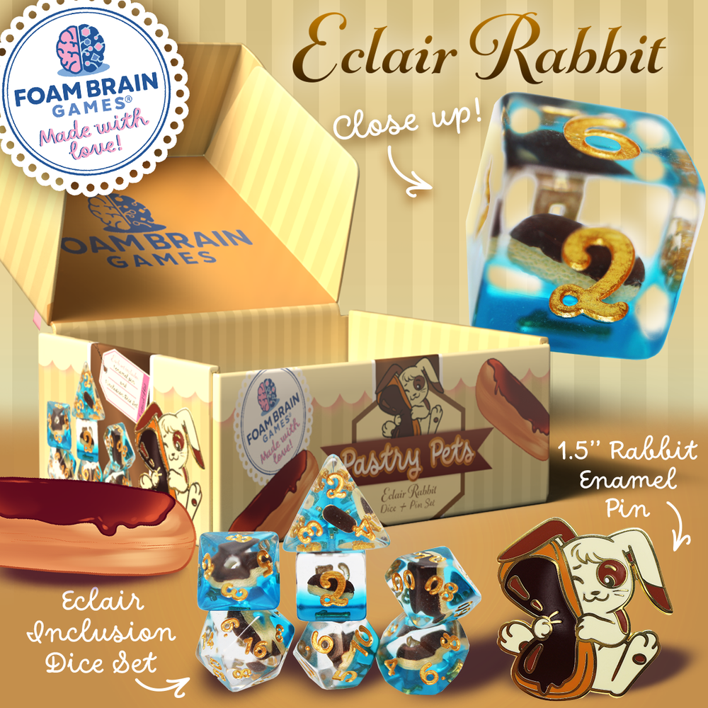 Pastry Pets: Eclair Rabbit -  Pin & RPG Dice Set
