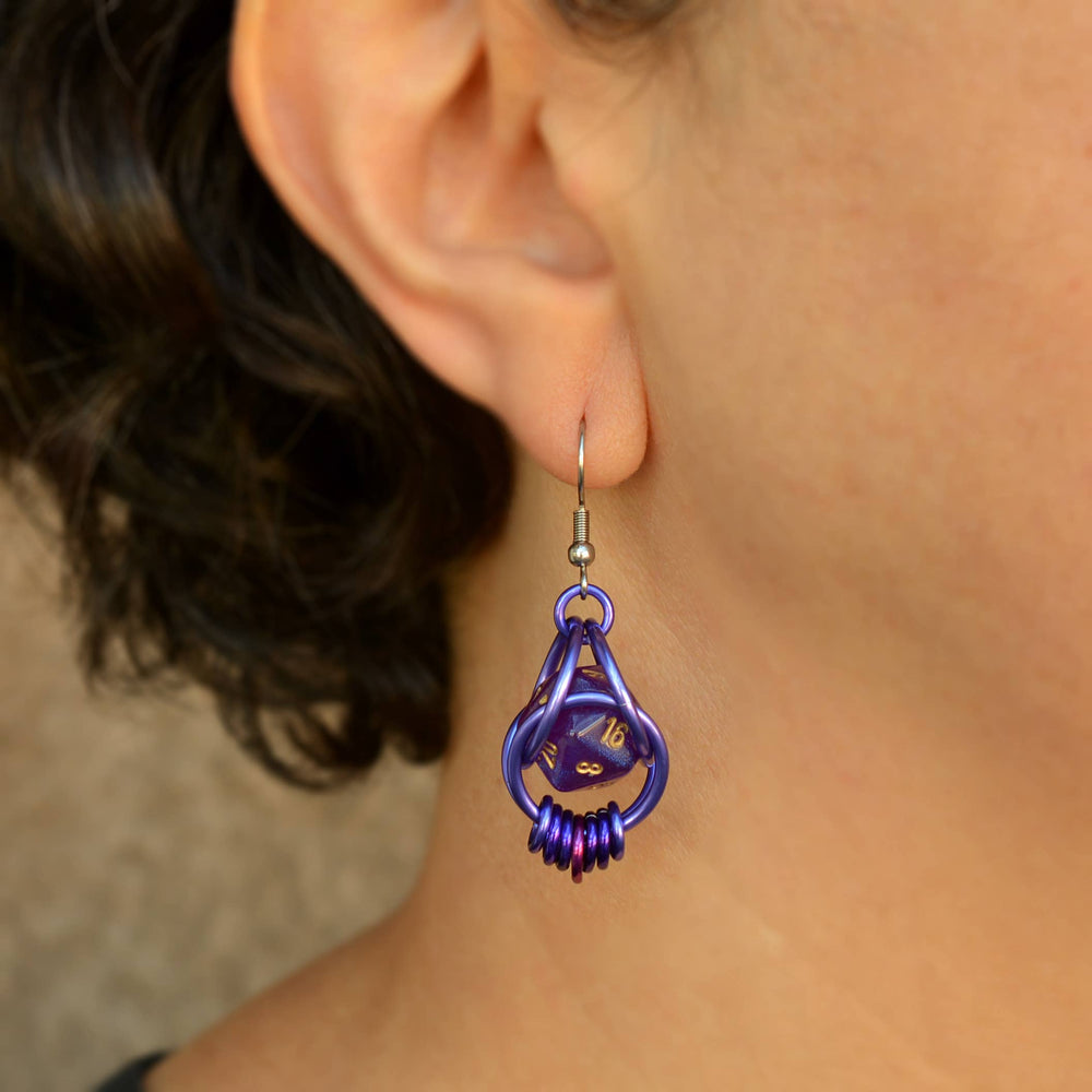 D20 Purple Magic Earrings - Mini Dice in Chainmaille Cage