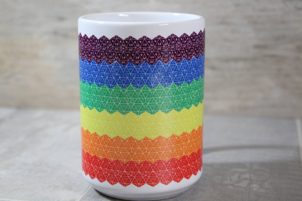 Gay Pride DND D20 Rainbow // 15 Oz. Ceramic Mug: White Handle