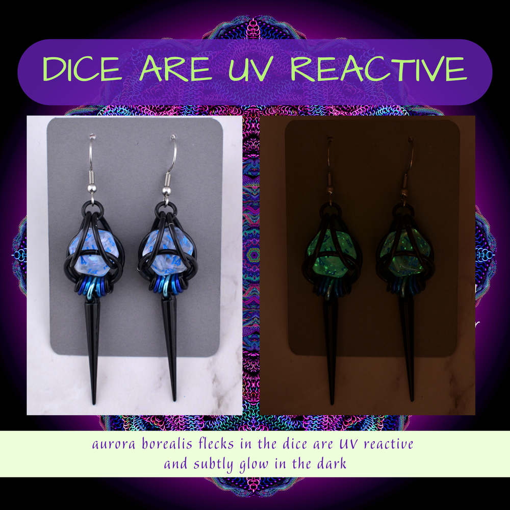 D20 Clear Blue Shimmer Earrings - UV Reactive Dice Jewelry