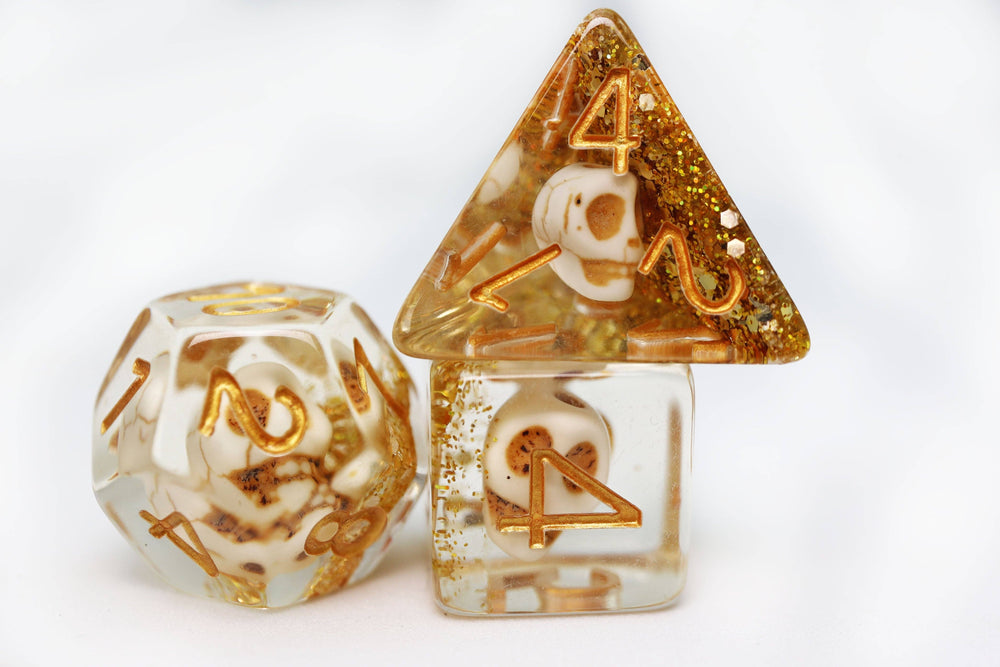 Skull and Gold Glitter RPG Dice Set