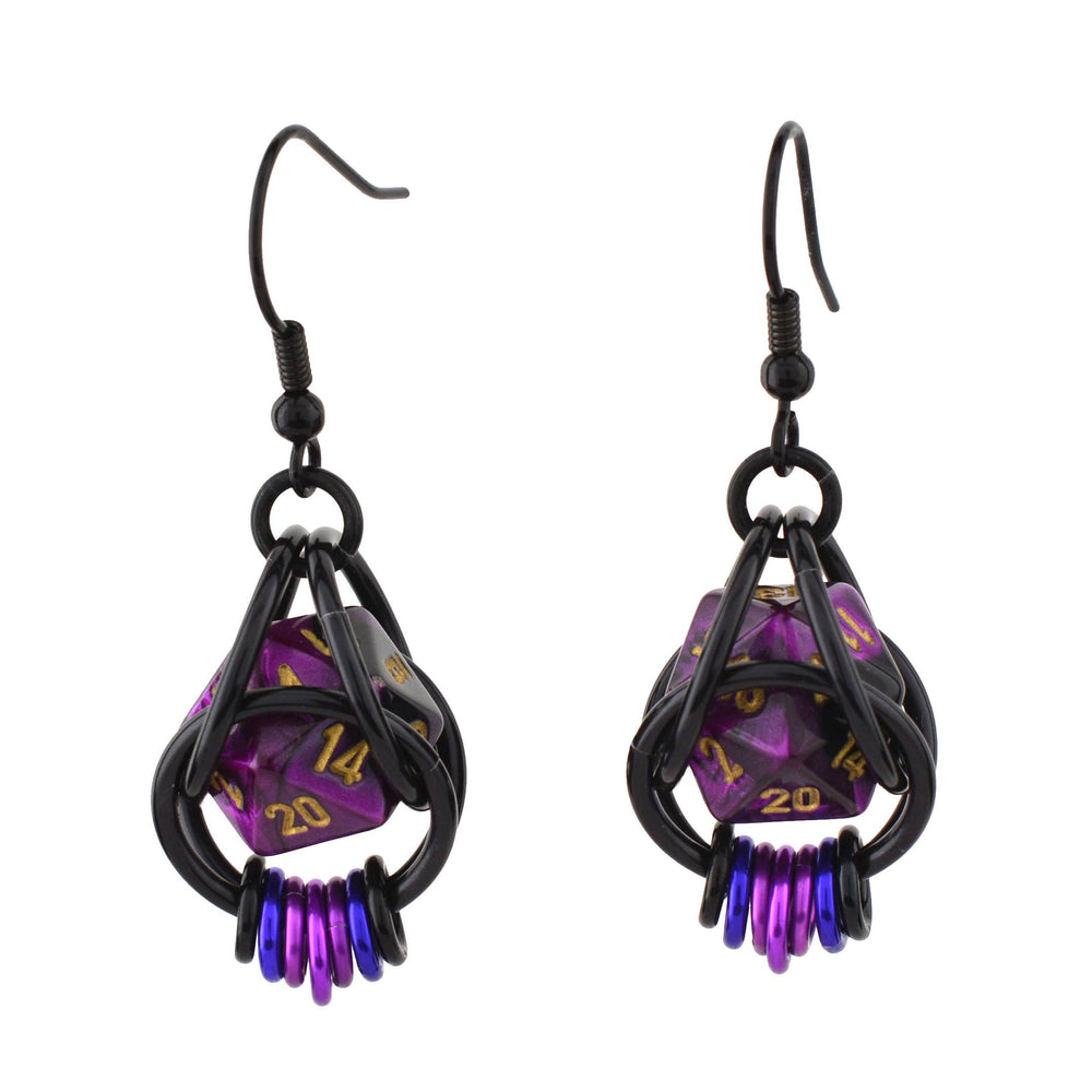D20 Purple Goth Dice Earrings : Black stainless