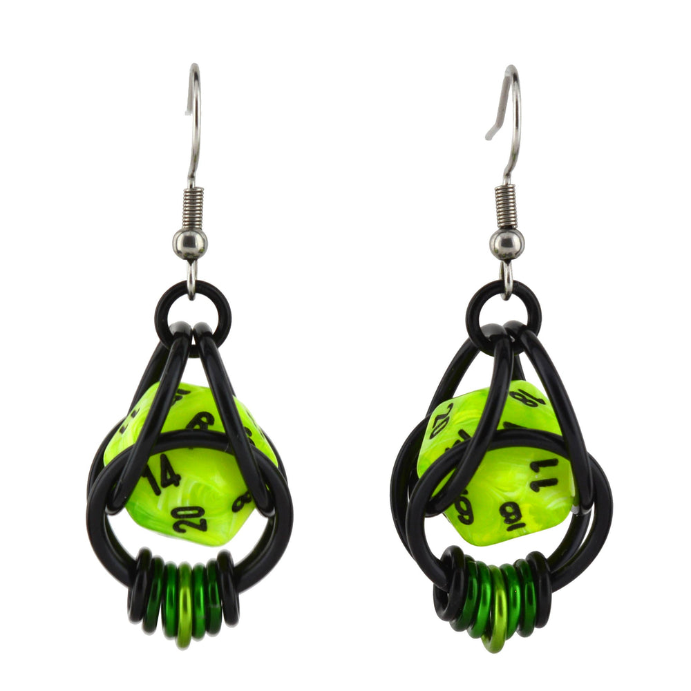 D20 Neon Green Earrings - 20-sided Dice in Black Chainmaille: Black stainless