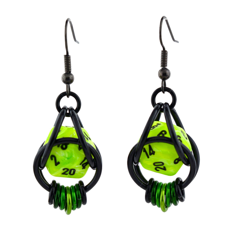 D20 Neon Green Earrings - 20-sided Dice in Black Chainmaille: Black stainless