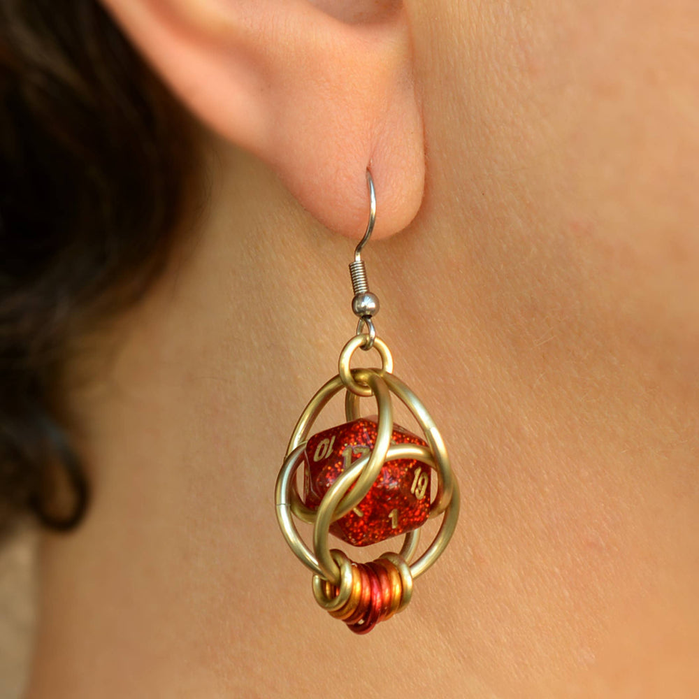 D20 Red Glitter Earrings - Mini Dice Chainmaille Jewelry: Gold-plate