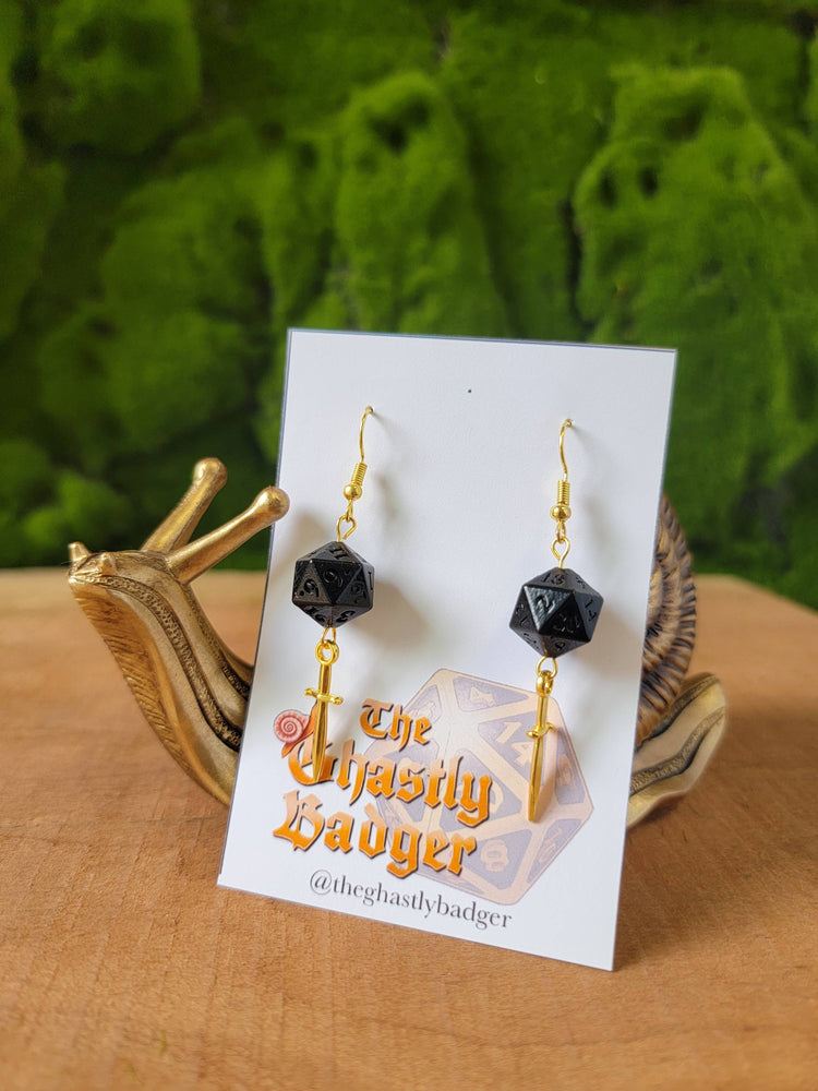 D20 Dice Earrings: Gold Daggers | Color Options | D&D Gift : Red