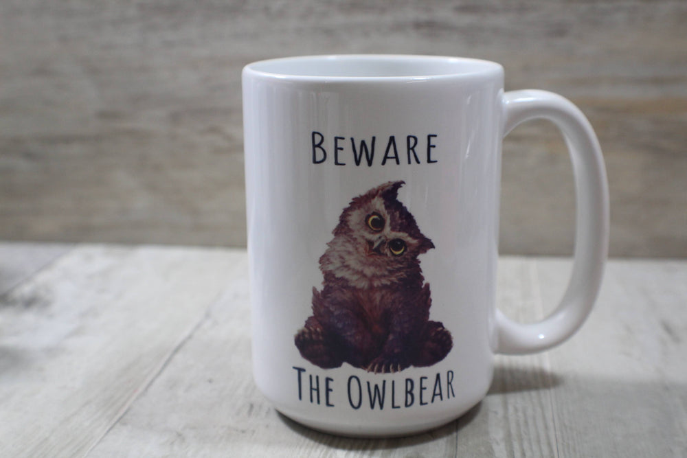 Beware the owlbear dnd // 15 oz. Ceramic Mug  : White Handle