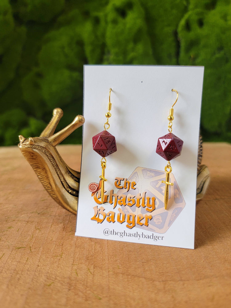 D20 Dice Earrings: Gold Daggers | Color Options | D&D Gift : Red