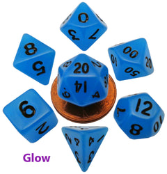 10mm Mini Dice Acrylic Polyhedral Set (24 Options): Glow Blue with Black Numbers