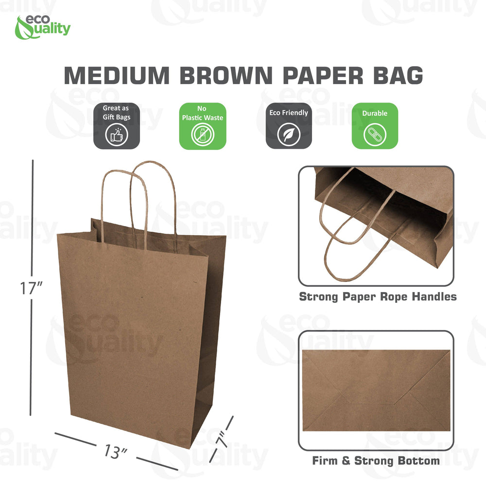 13"X7"X17" Large Kraft Paper Gift Bags w/Twine Handles Brown: 100pcs