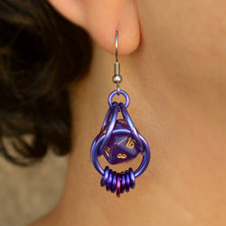 D20 Purple Magic Earrings - Mini Dice in Chainmaille Cage