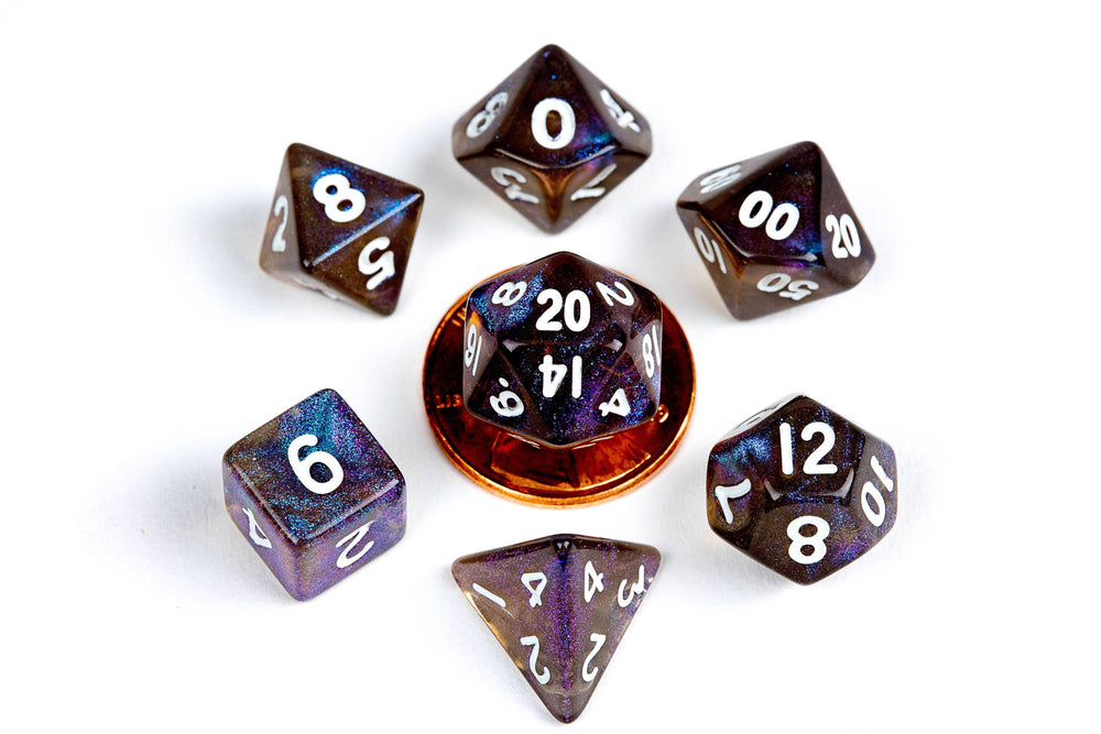 10mm Mini Dice Acrylic Polyhedral Set (24 Options): Marble with Purple Numbers