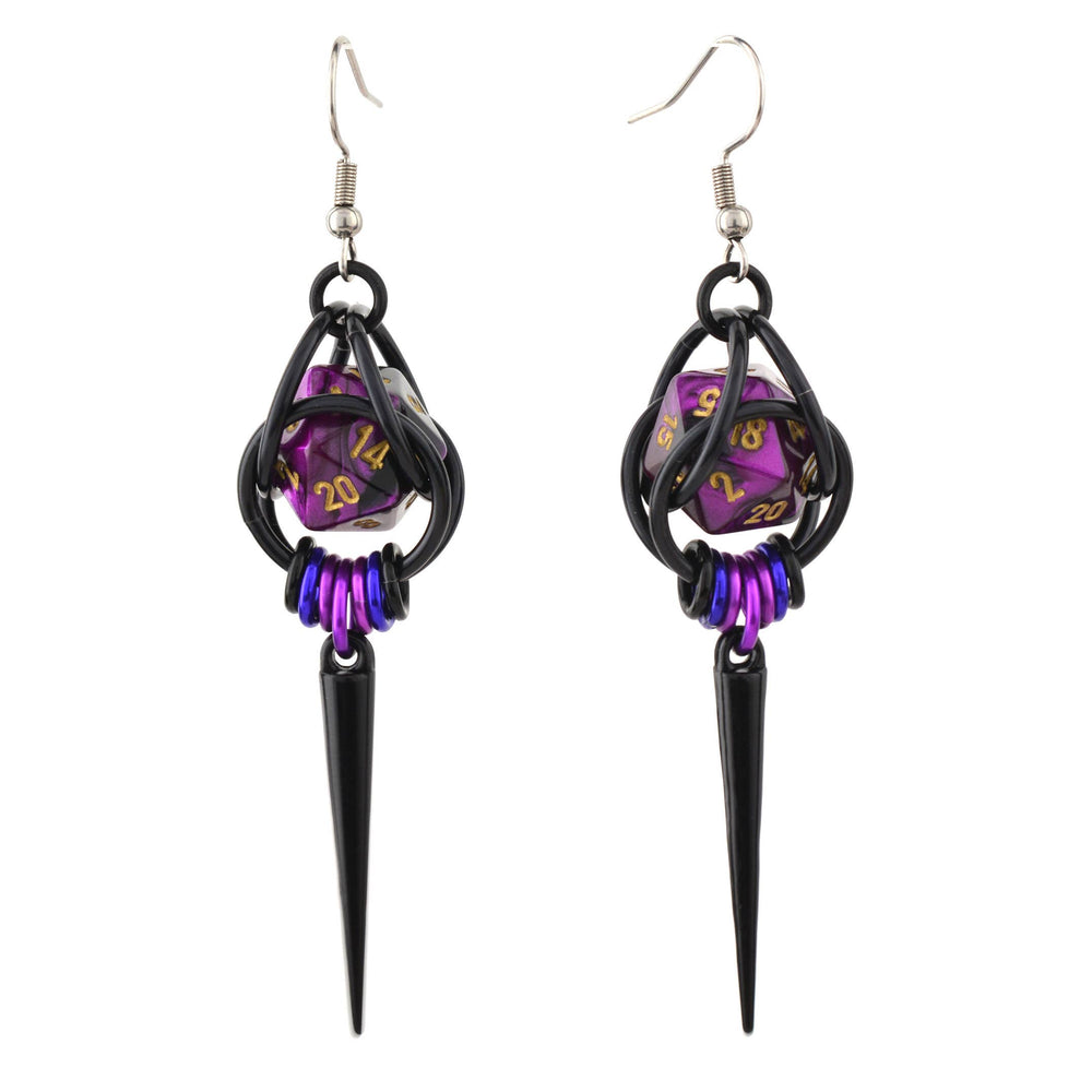 D20 Purple Goth Spike Dice Earrings: Black stainless