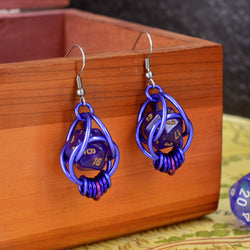 D20 Purple Magic Earrings - Mini Dice in Chainmaille Cage