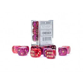 Chessex 16mm d6 (12) Gemini Translucent - Red-Violet/Gold