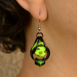 D20 Neon Green Earrings - 20-sided Dice in Black Chainmaille: Black stainless