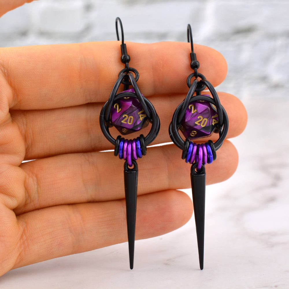D20 Purple Goth Spike Dice Earrings: Black stainless