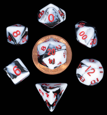 10mm Mini Dice Acrylic Polyhedral Set (24 Options): Marble with Red Numbers