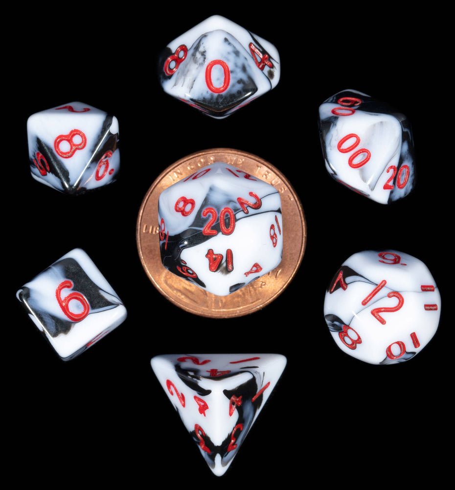 10mm Mini Dice Acrylic Polyhedral Set (24 Options): Marble with Blue Numbers