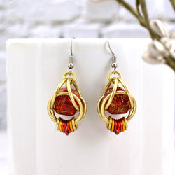 D20 Red Glitter Earrings - Mini Dice Chainmaille Jewelry: Gold-plate