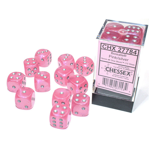 Chessex 16mm d6 (12) Borealis Luminary - Pink/Silver