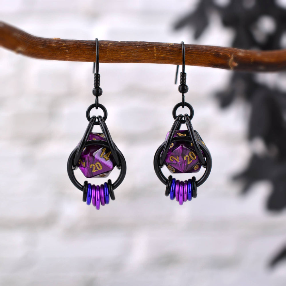 D20 Purple Goth Dice Earrings : Black stainless