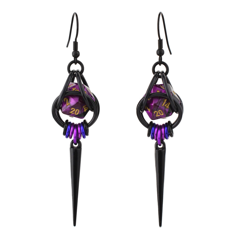 D20 Purple Goth Spike Dice Earrings: Black stainless