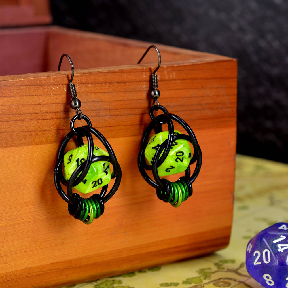 D20 Neon Green Earrings - 20-sided Dice in Black Chainmaille: Black stainless