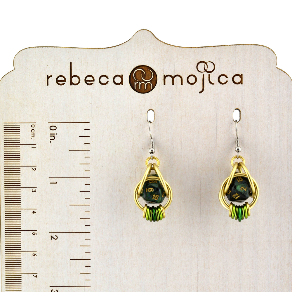 D20 Forest Green Earrings - Mini Dice Chainmaille Jewelry: Gold-plate