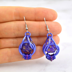 D20 Purple Magic Earrings - Mini Dice in Chainmaille Cage