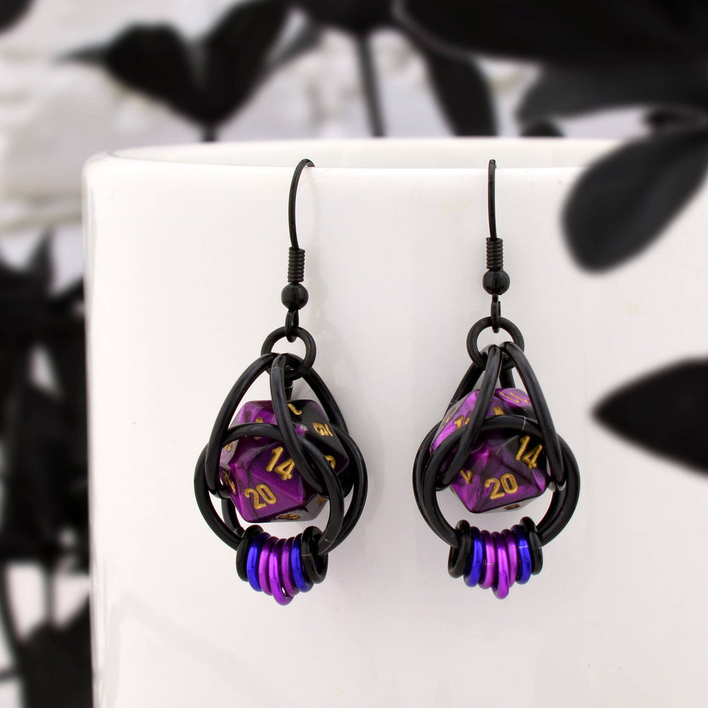 D20 Purple Goth Dice Earrings : Black stainless