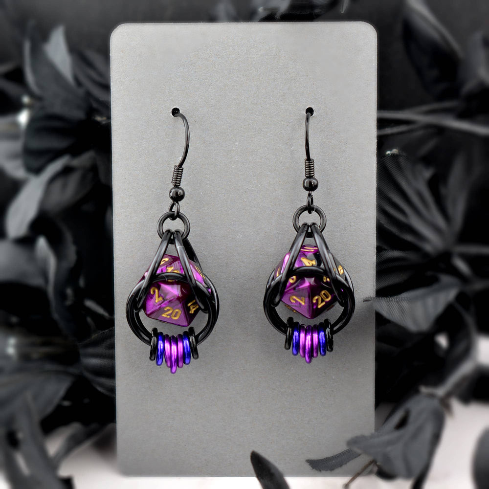 D20 Purple Goth Dice Earrings : Black stainless