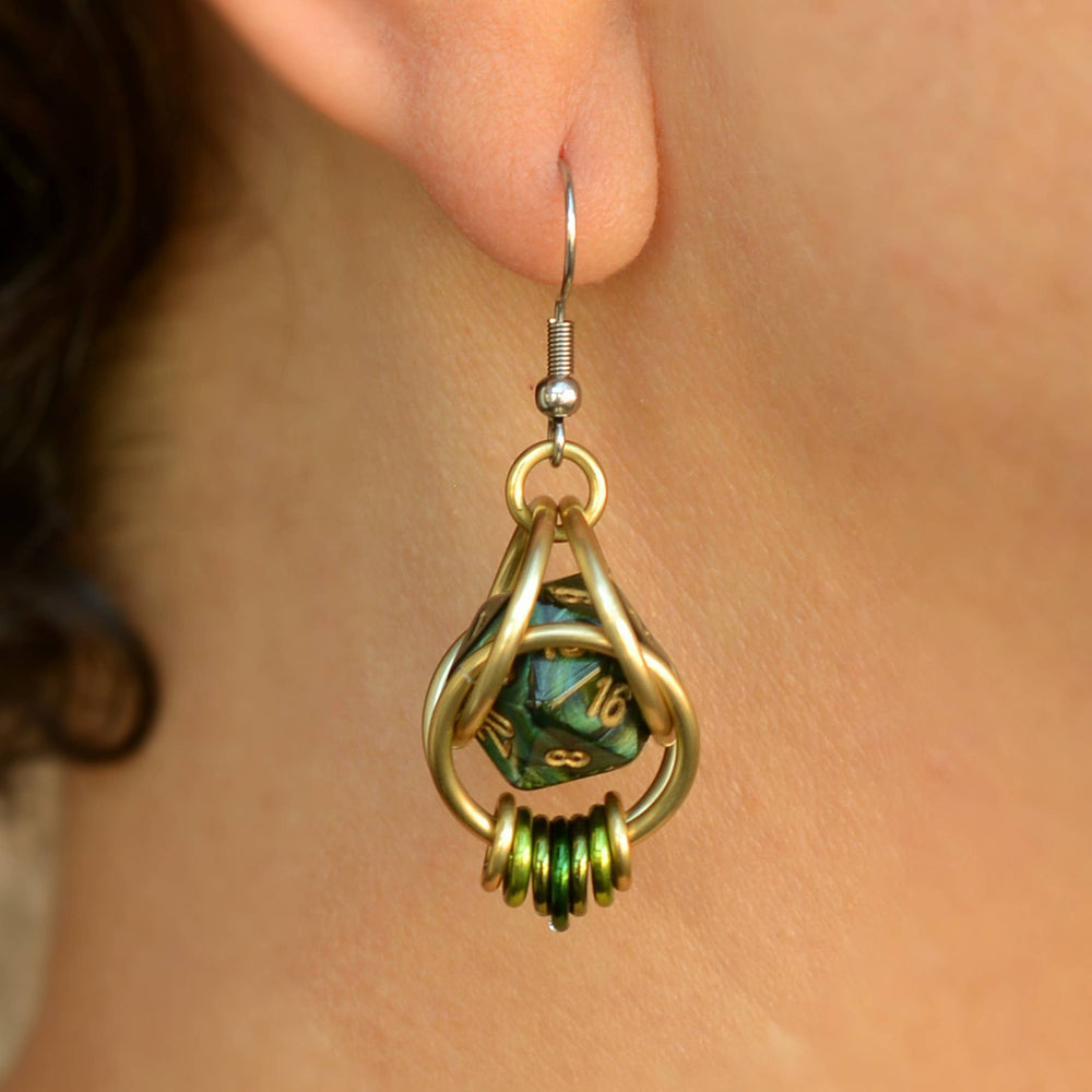 D20 Forest Green Earrings - Mini Dice Chainmaille Jewelry: Gold-plate