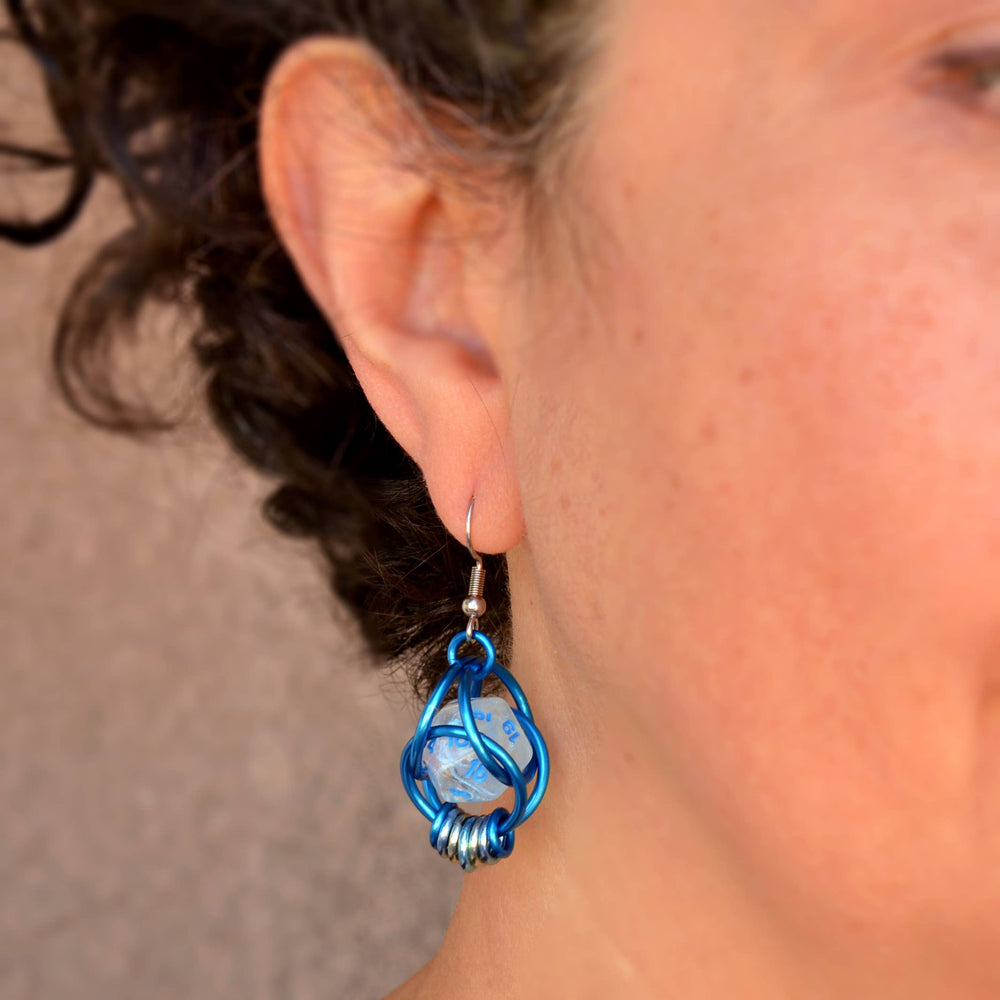 D20 Clear Blue Shimmer Earrings - UV Reactive Dice Jewelry