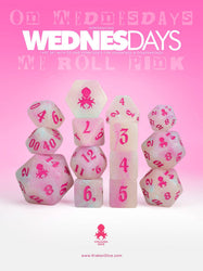 Wednesdays 14pc Glow in the Dark Dice Set with Pink Ink