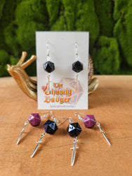 D20 Dice Earrings: Silver Daggers, Color Options | D&D Gift : Purple