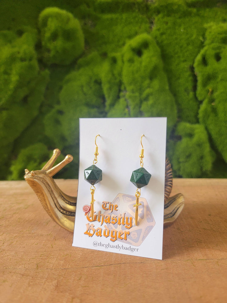 D20 Dice Earrings: Gold Daggers | Color Options | D&D Gift : Red